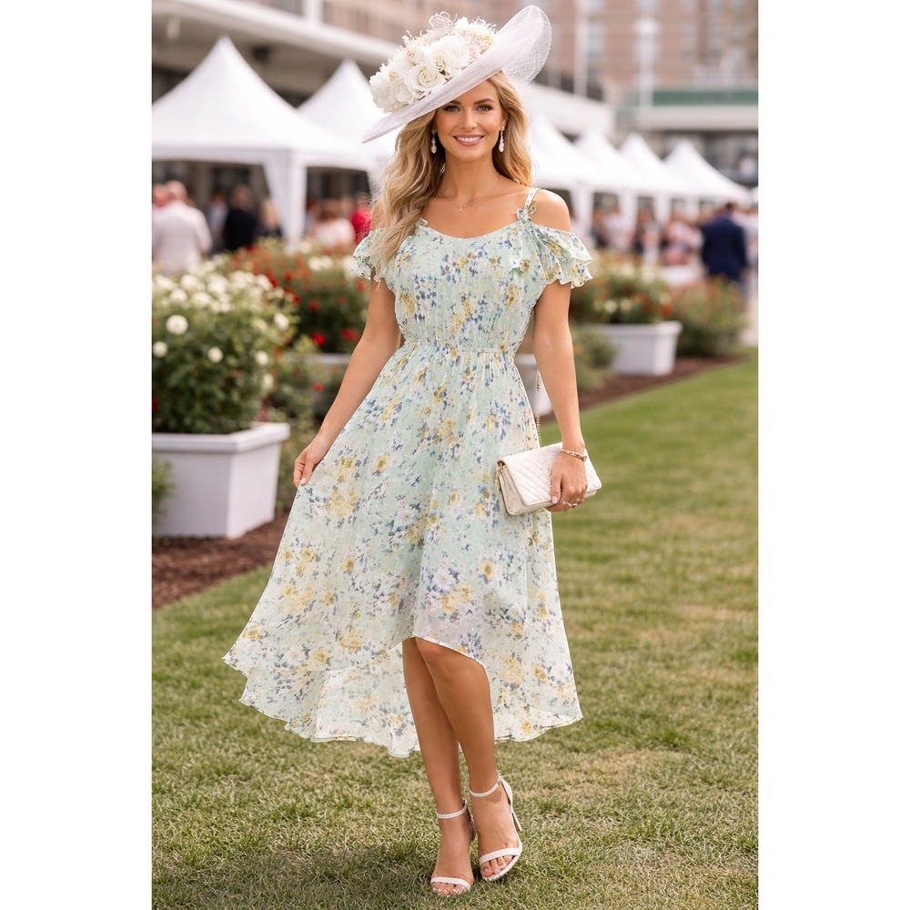 As U Wish Juniors Small Green Kentucky Derby Dress Floral High Low Cold Shldr